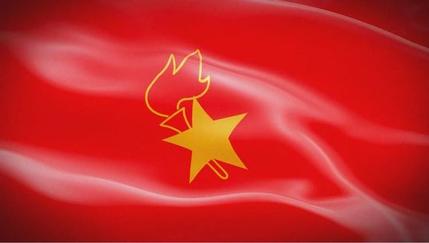 我们的队徽:五角星加火炬和写有"中国少先队"的红色绶带组成我们的